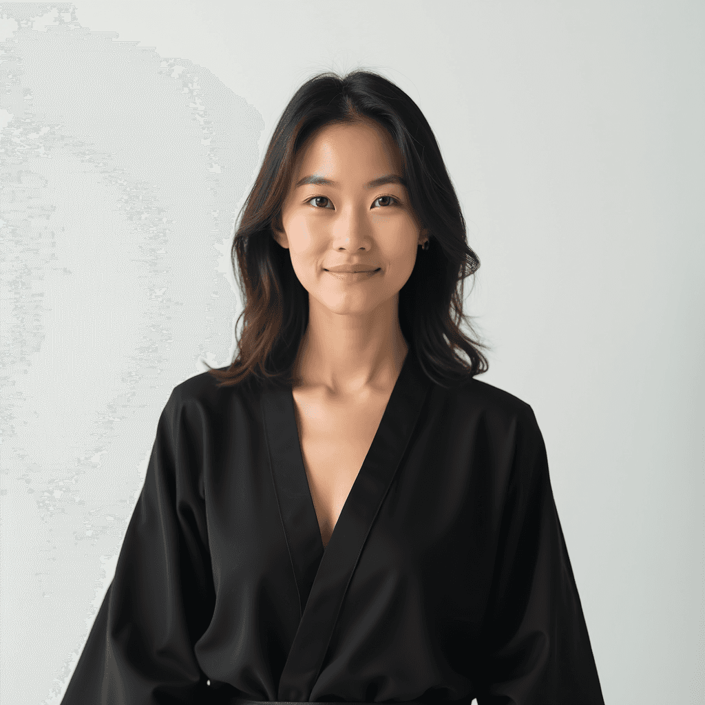 Female professional AI headshot wearing black structured kimono-style top