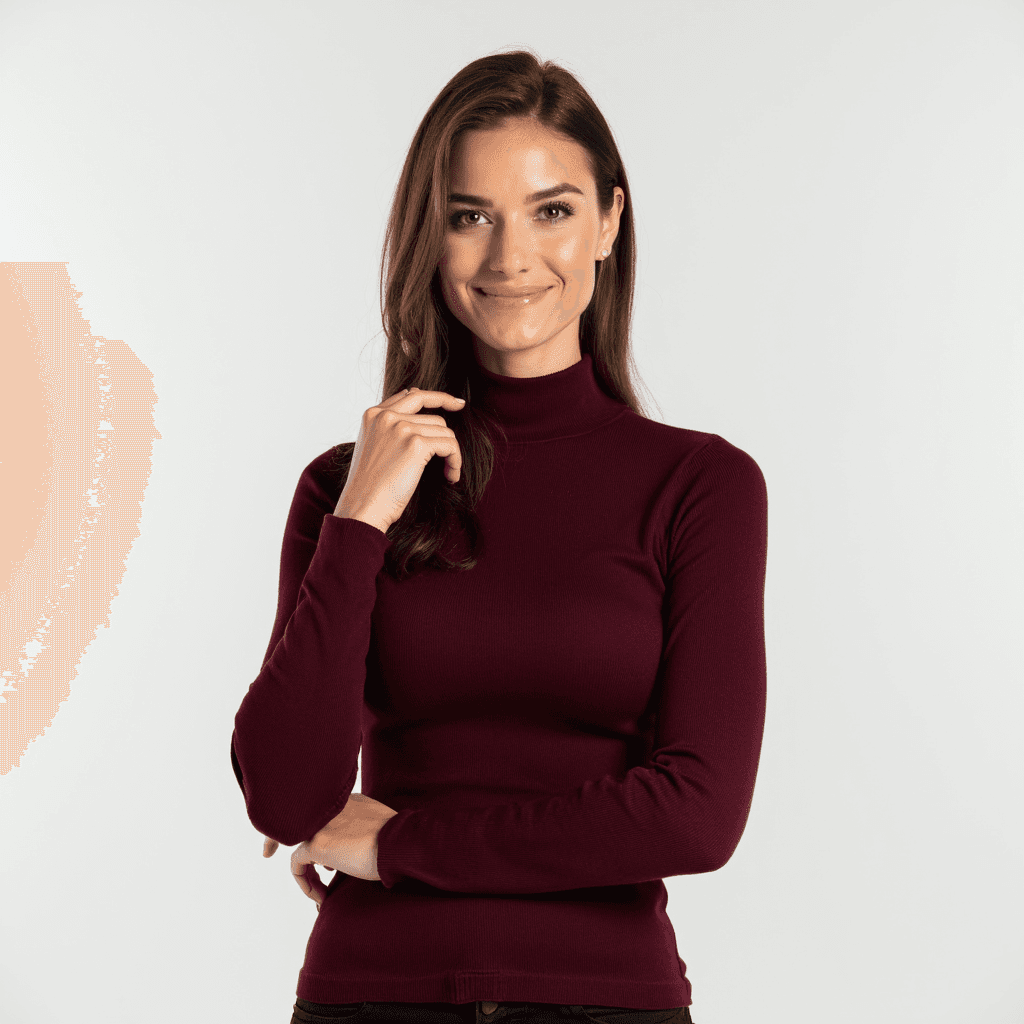 Female professional AI headshot wearing burgundy fitted sweater