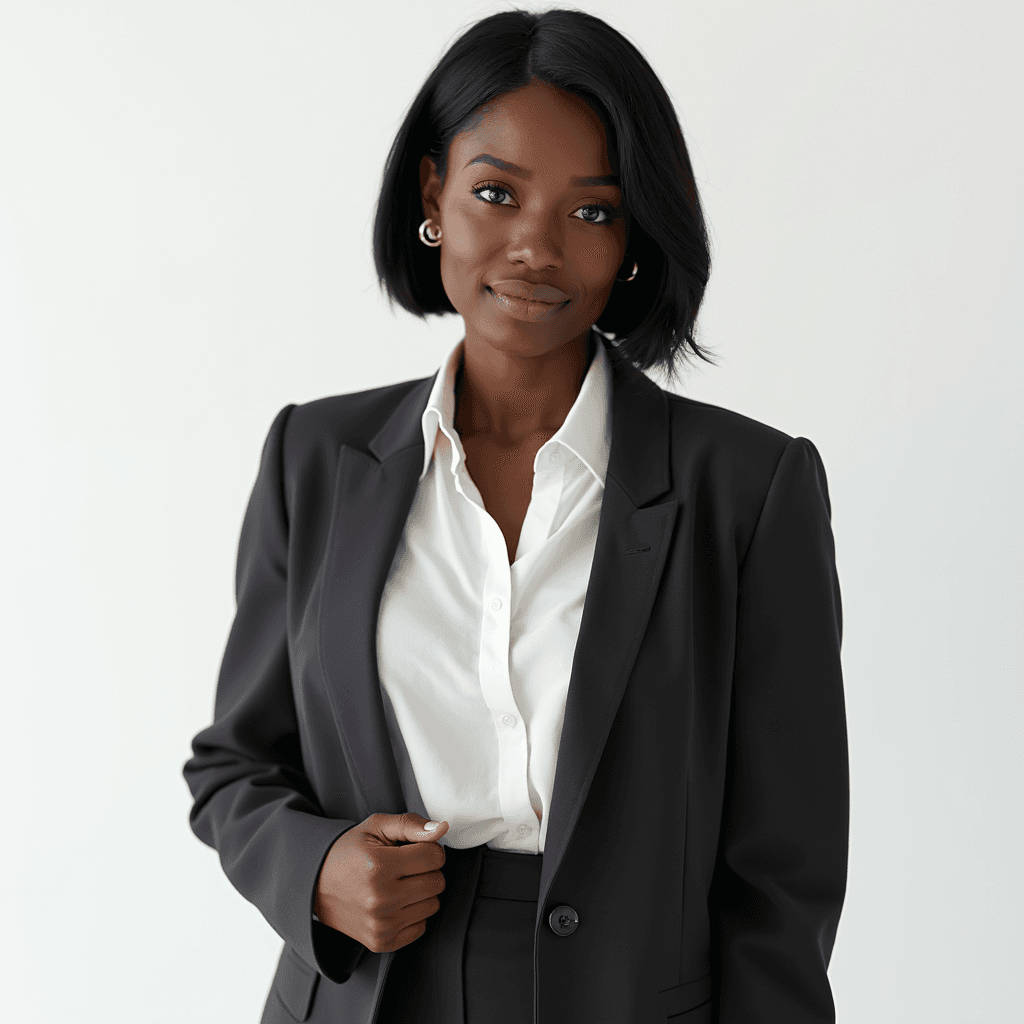 Female professional AI headshot wearing charcoal oversized blazer over white blouse