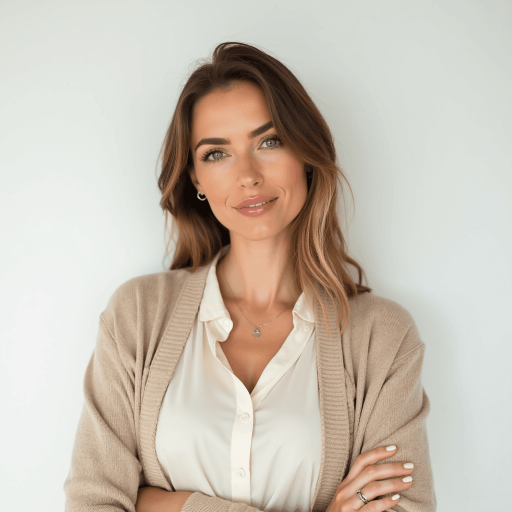Female professional AI headshot wearing cream blouse under beige cardigan