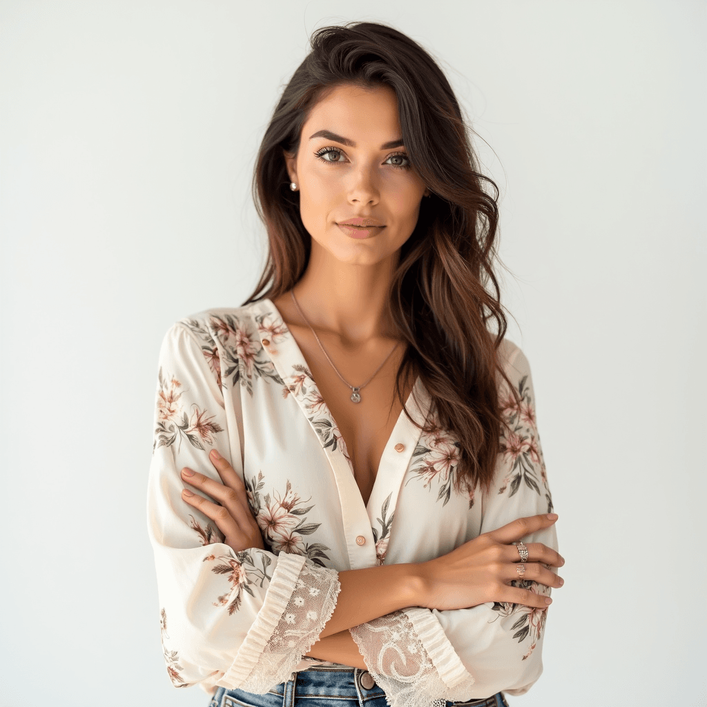 Female professional AI headshot wearing cream boho blouse with floral prints