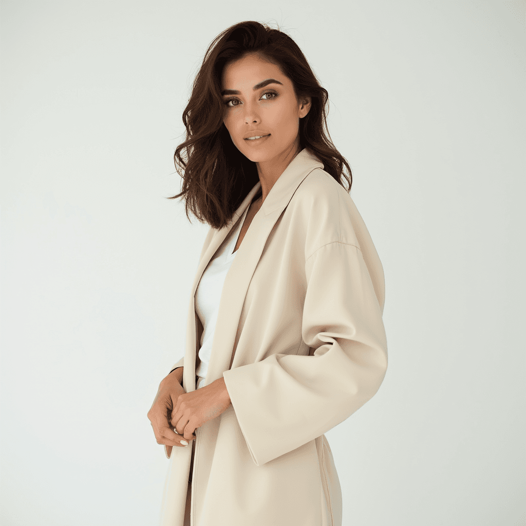 Female professional AI headshot wearing cream kimono-style jacket