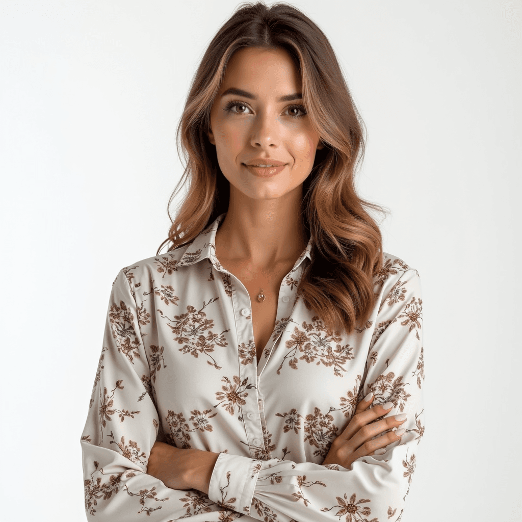 Female professional AI headshot wearing floral patterned button-up blouse
