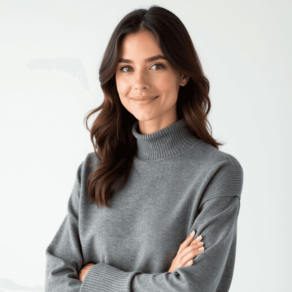 Female professional AI headshot wearing gray modern mock-neck sweater