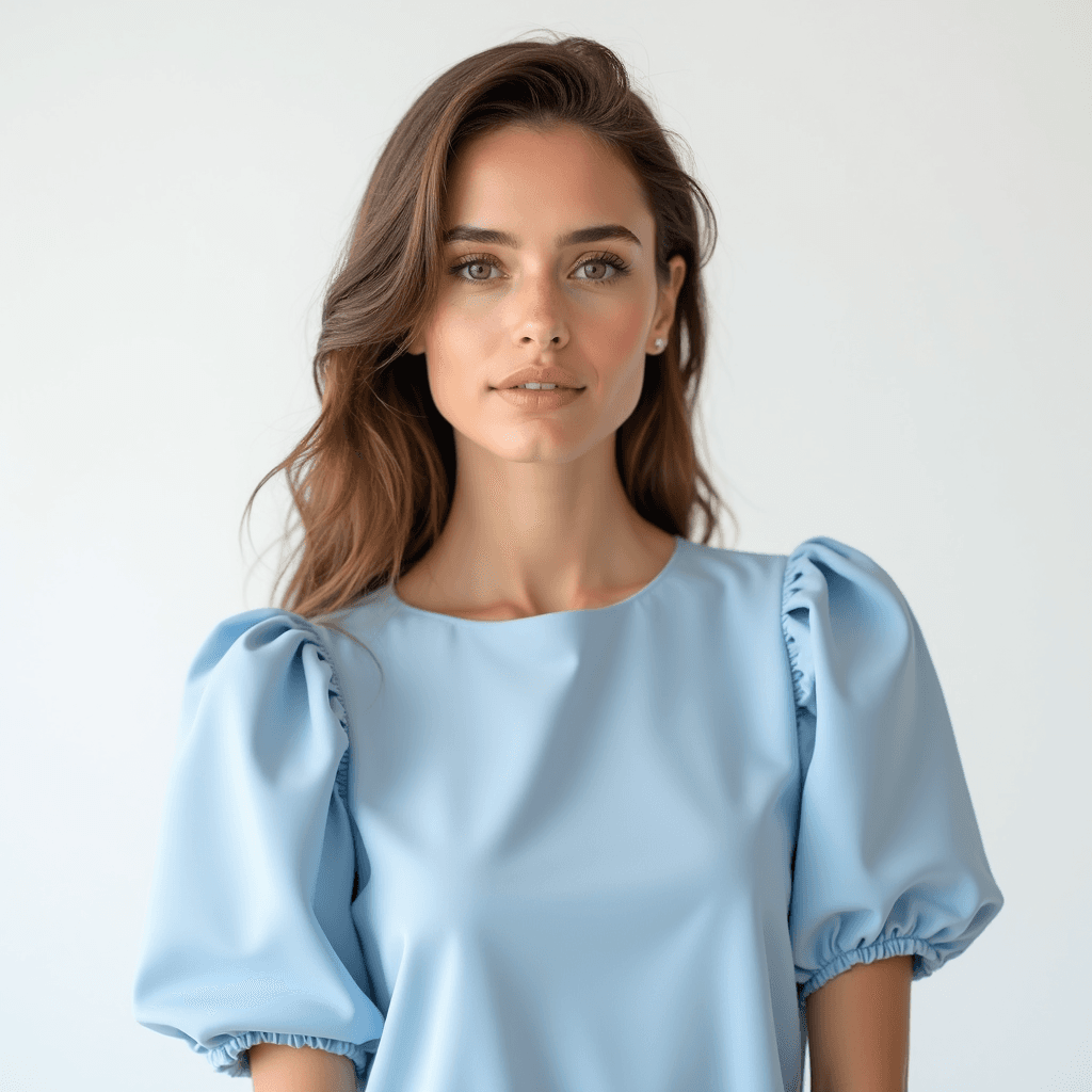 Female professional AI headshot wearing light blue puff sleeve blouse