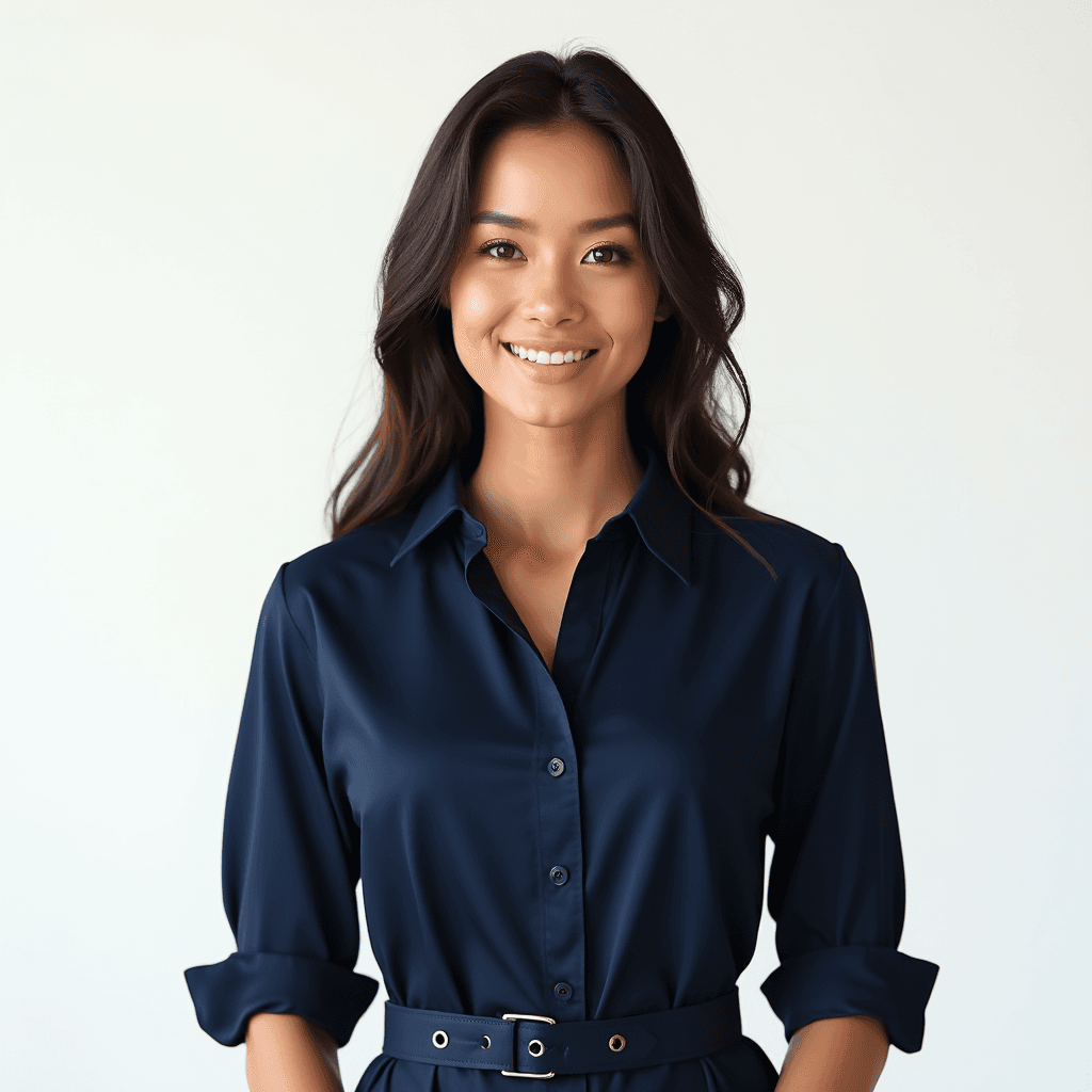 Female professional AI headshot wearing navy belted shirt dress