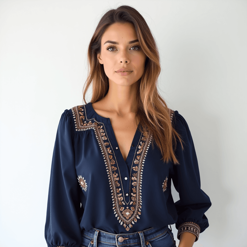 Female professional AI headshot wearing navy boho blouse with geometric prints