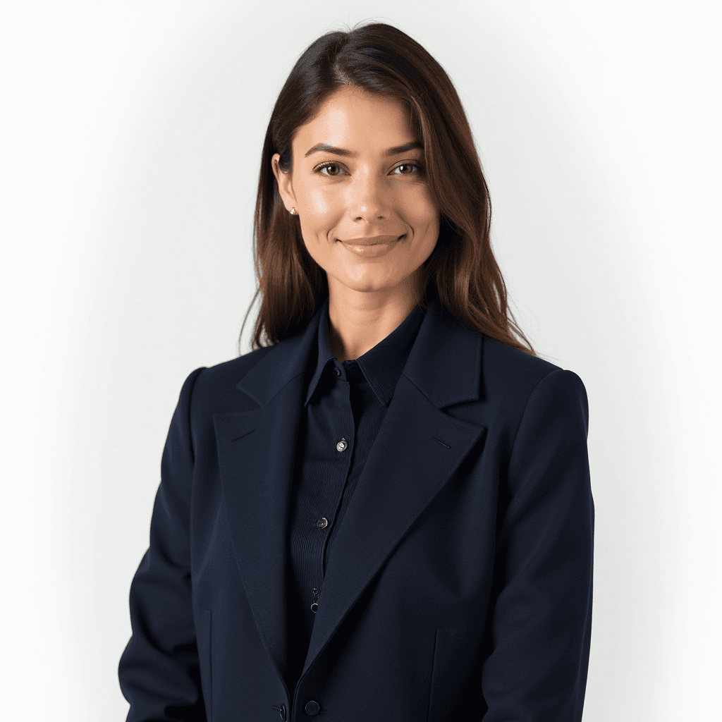 Modern actress headshot in a textured navy jacket for contemporary roles