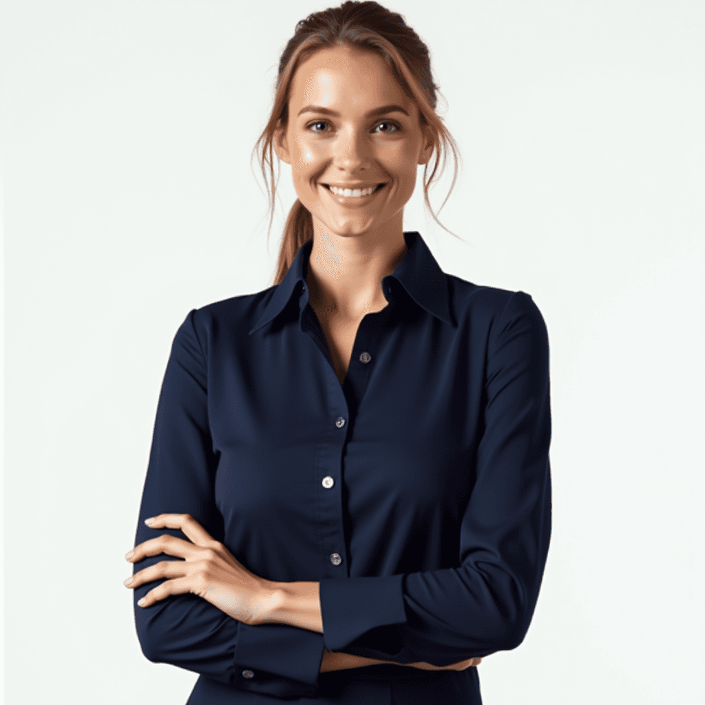 Female professional AI headshot wearing navy button-up blouse with professional fit