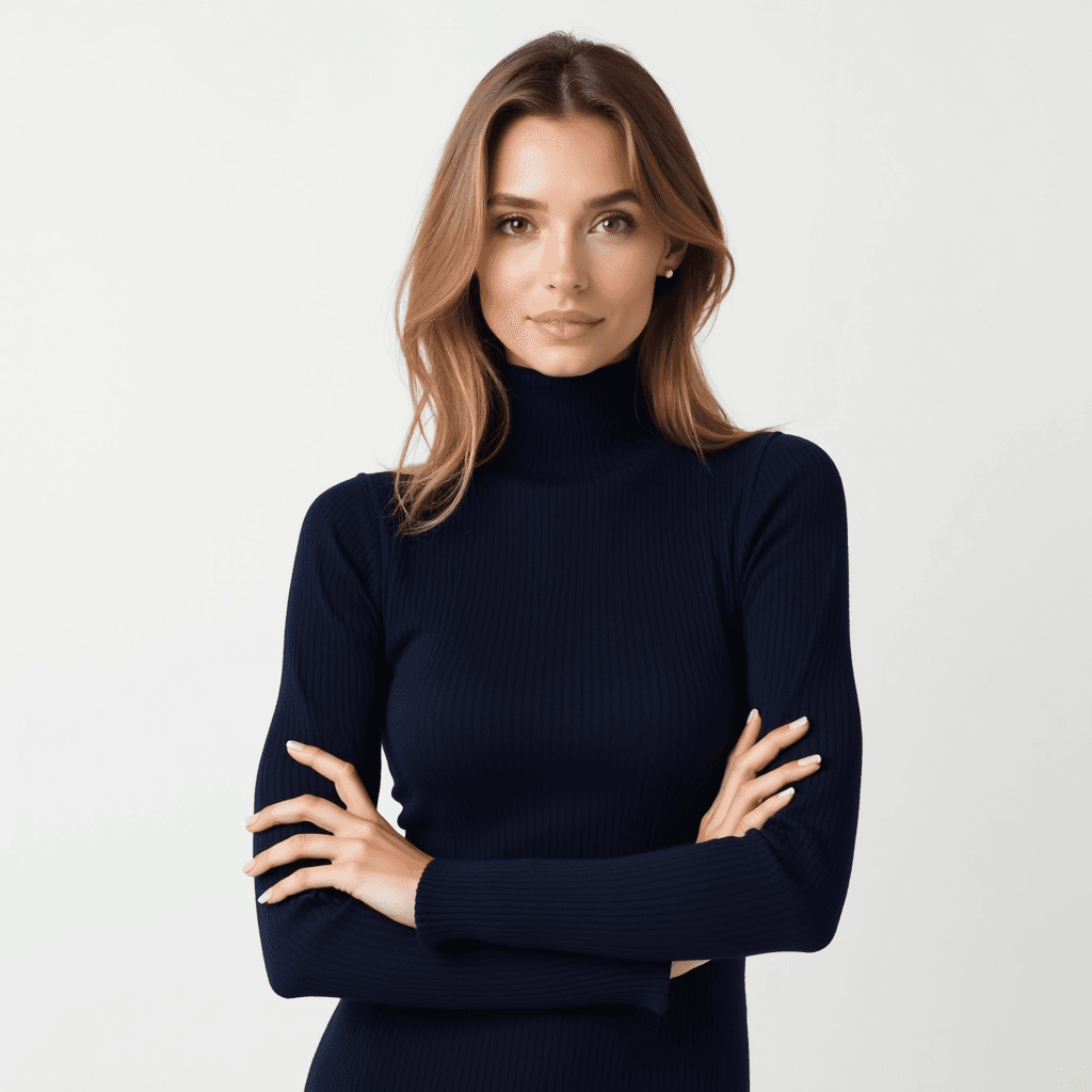 Female professional AI headshot wearing navy fitted knitwear