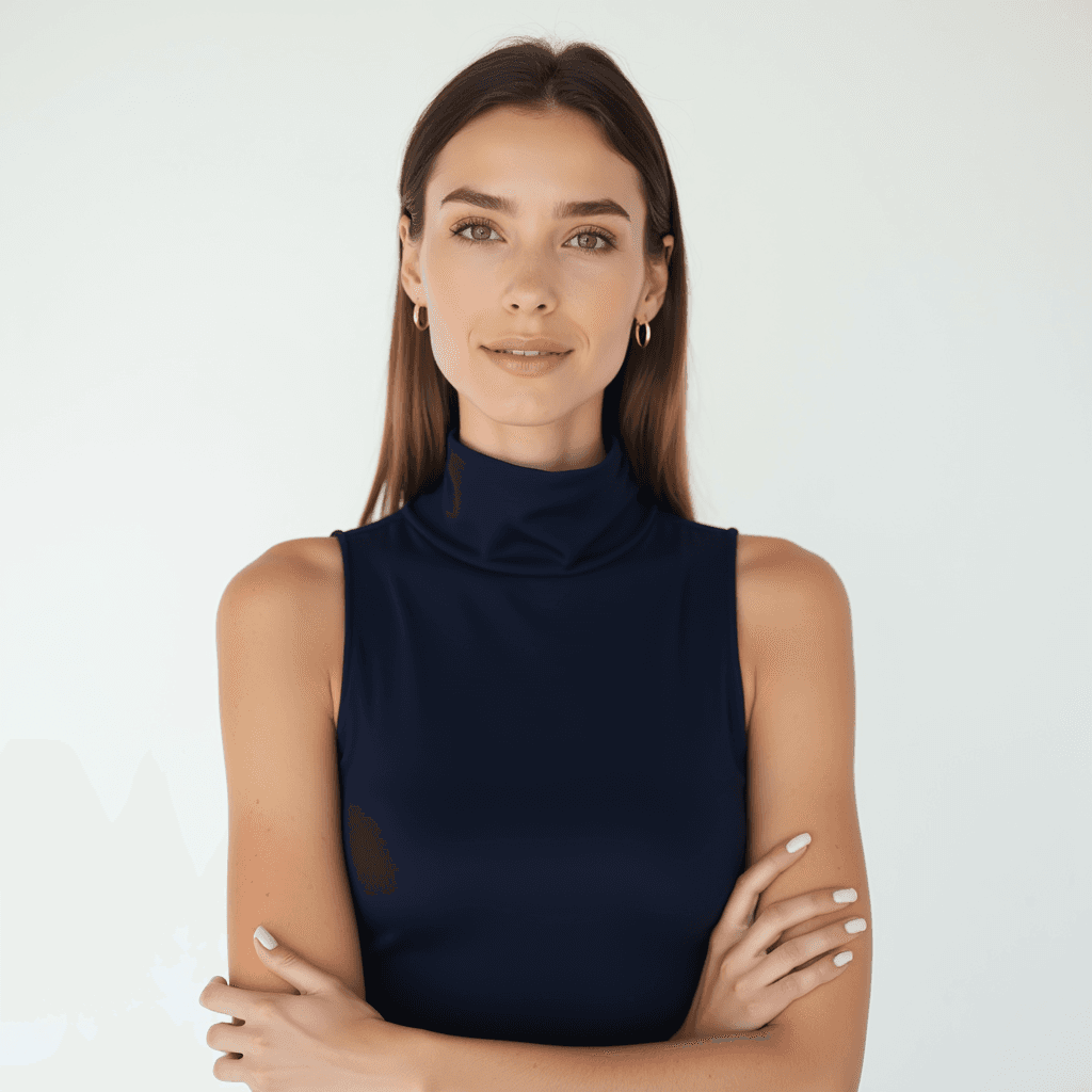 Female professional AI headshot wearing navy sleeveless turtleneck