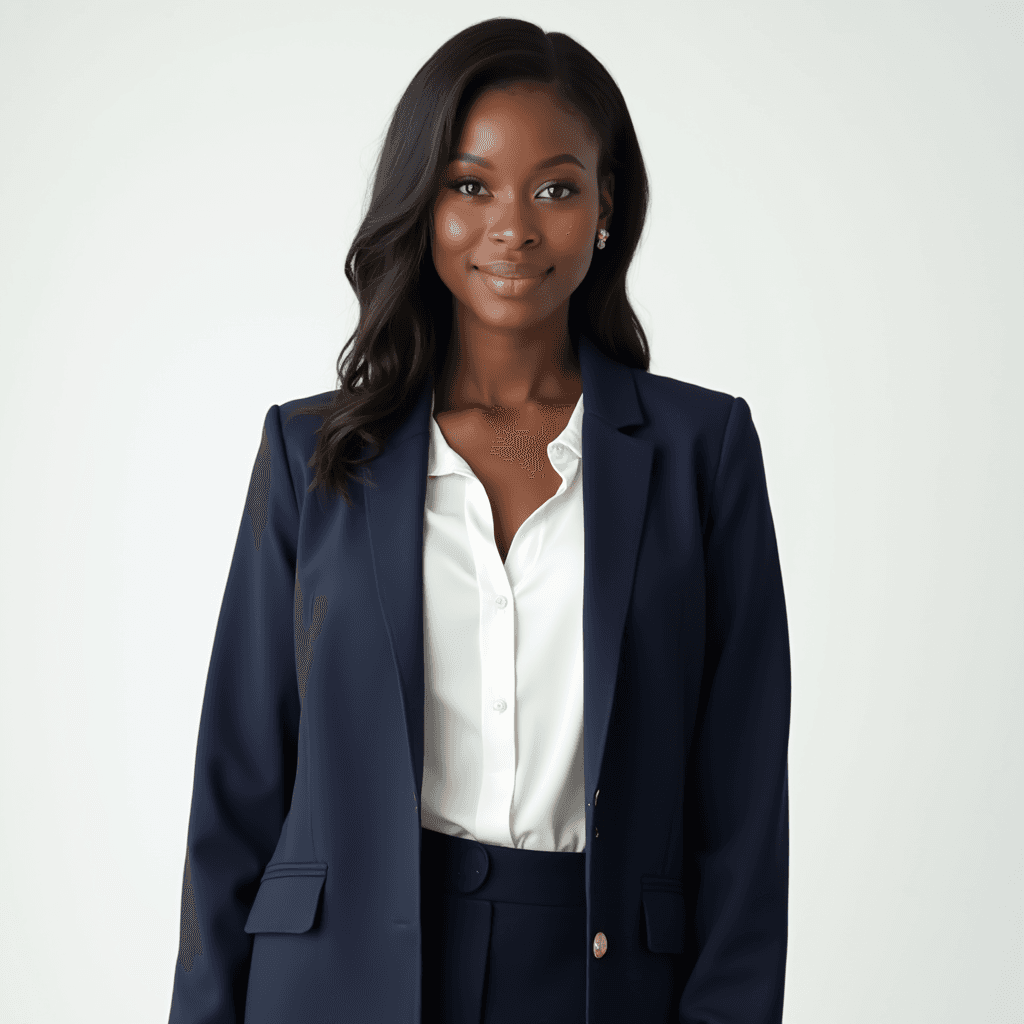 Female professional AI headshot wearing navy structured kimono-style blazer over white blouse