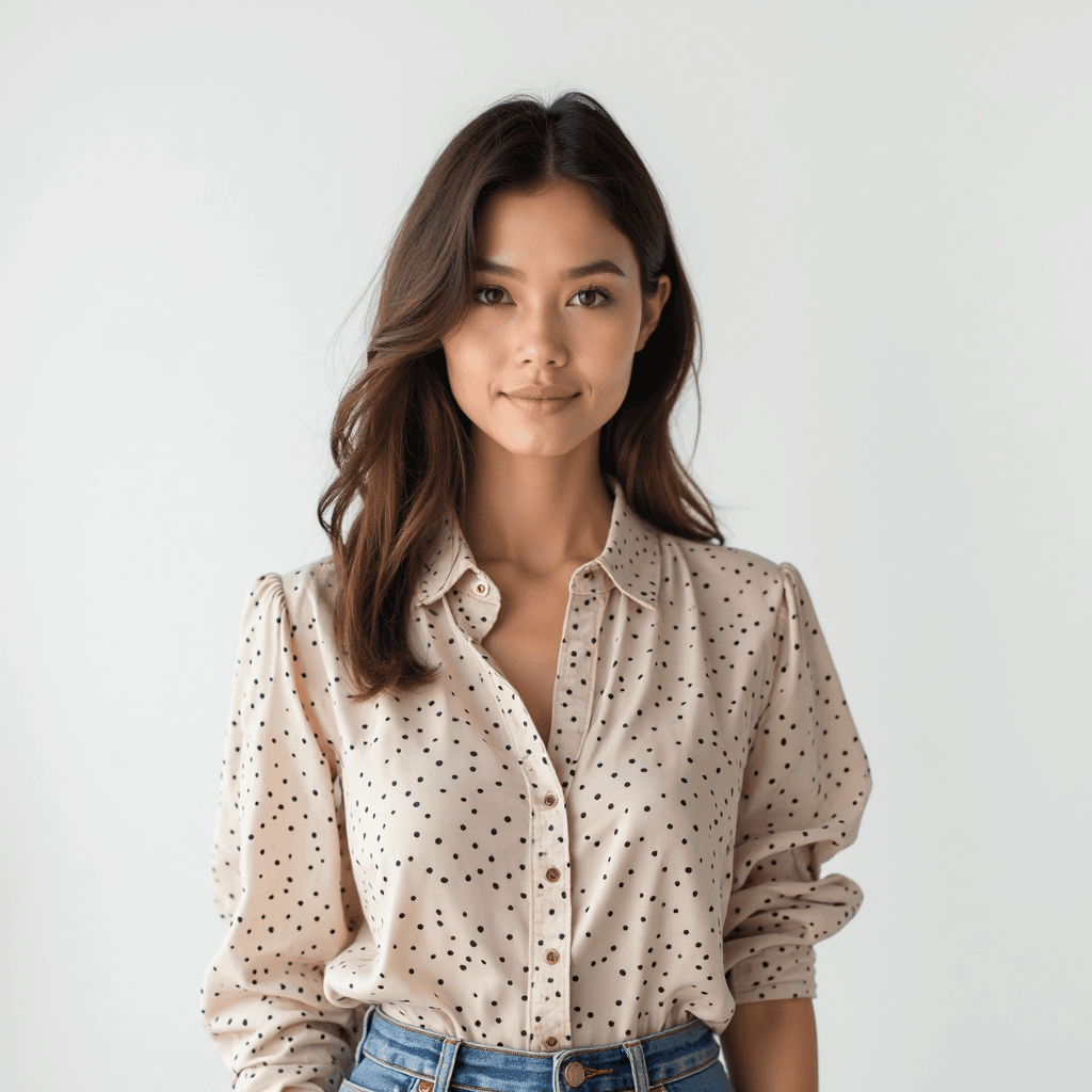 Female professional AI headshot wearing polka dot button-up blouse