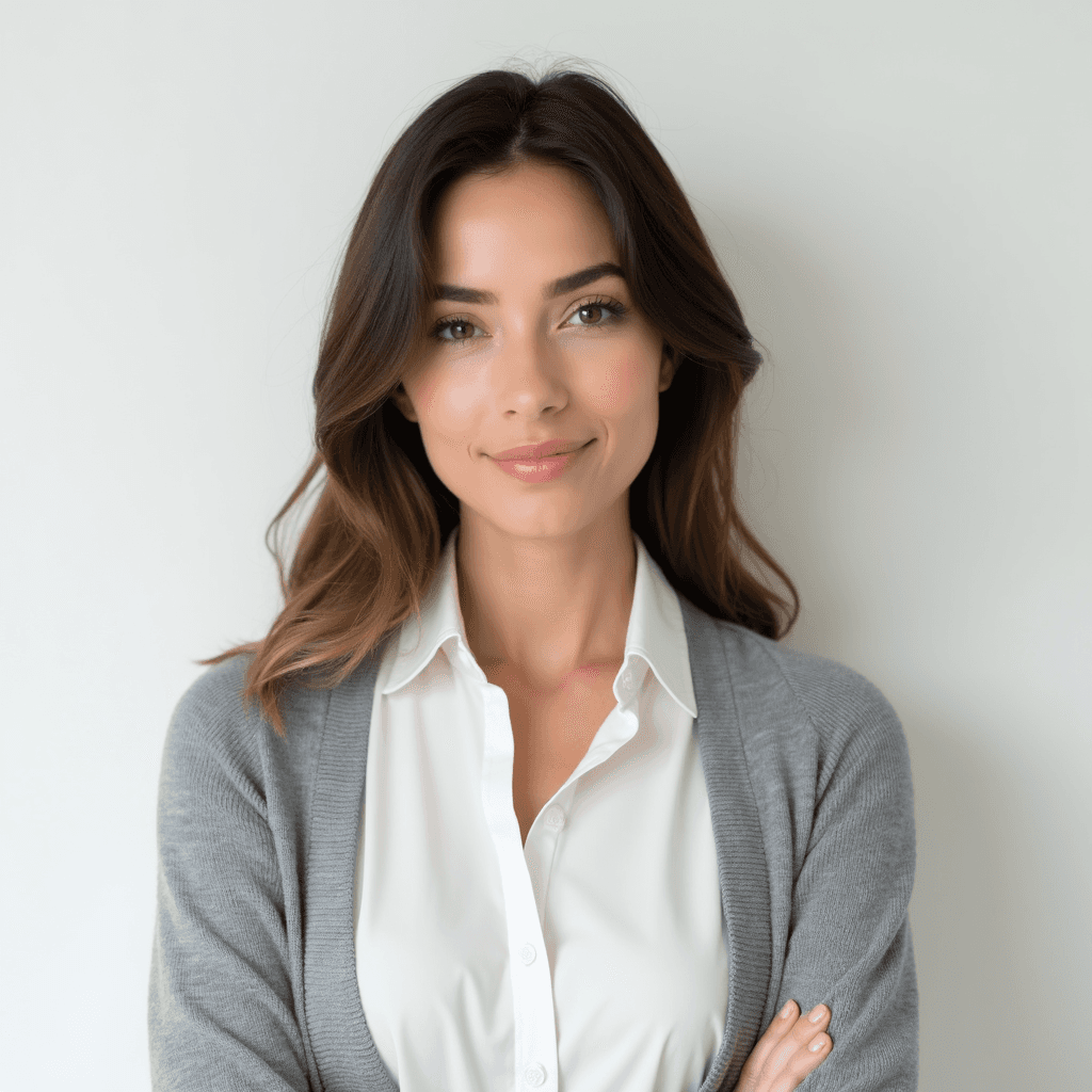 Female professional AI headshot wearing white blouse under gray cardigan