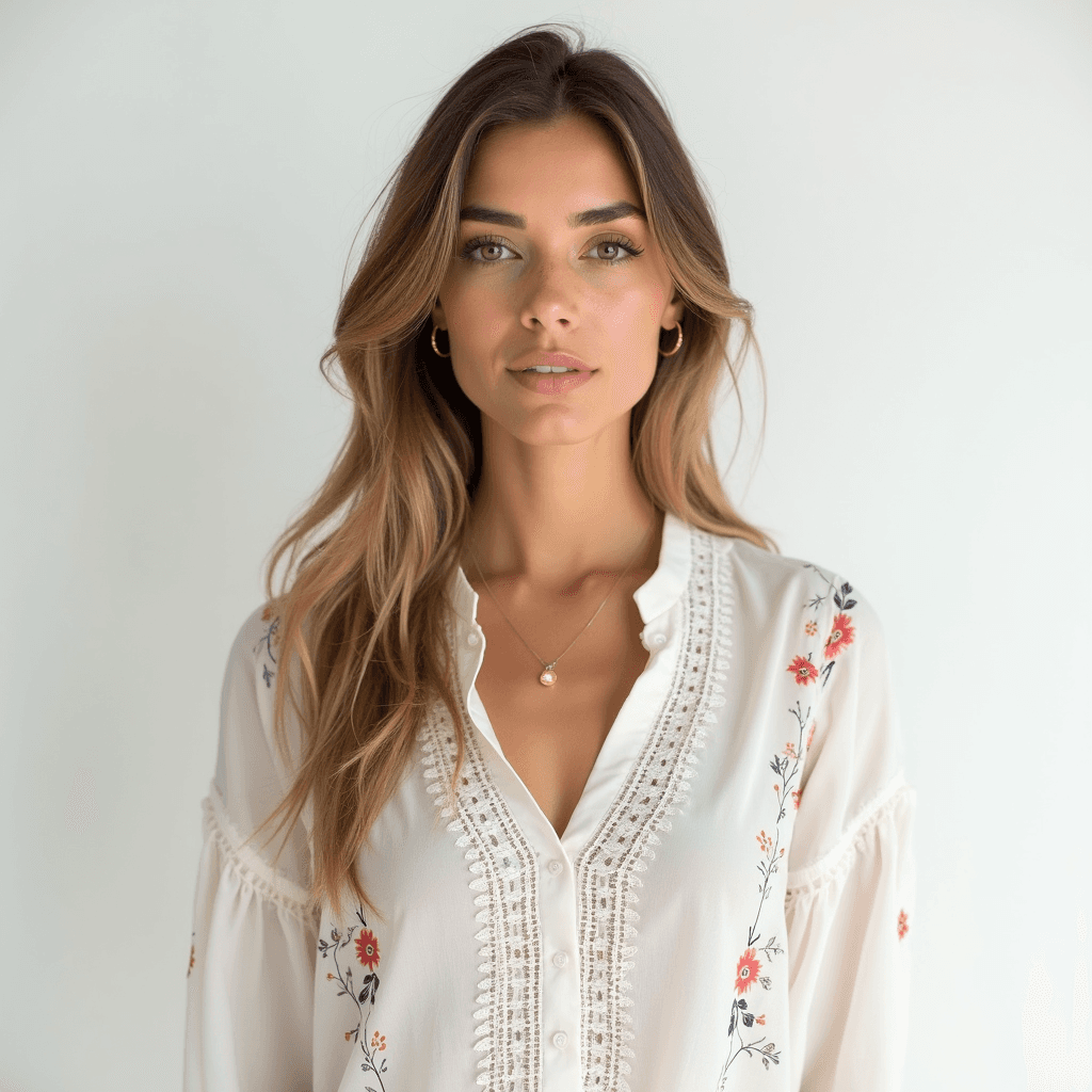 Female professional AI headshot wearing white boho blouse with soft prints