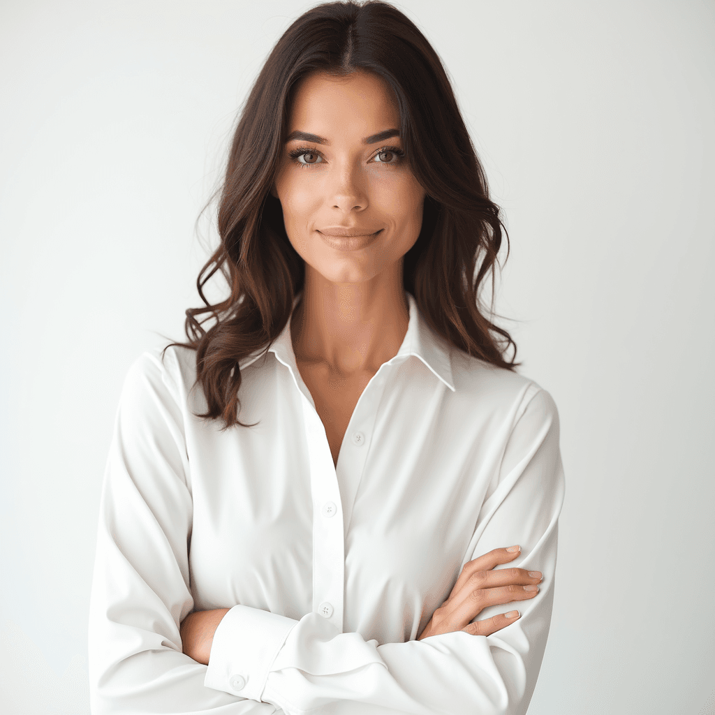 Female professional AI headshot wearing white button-up blouse with tailored fit