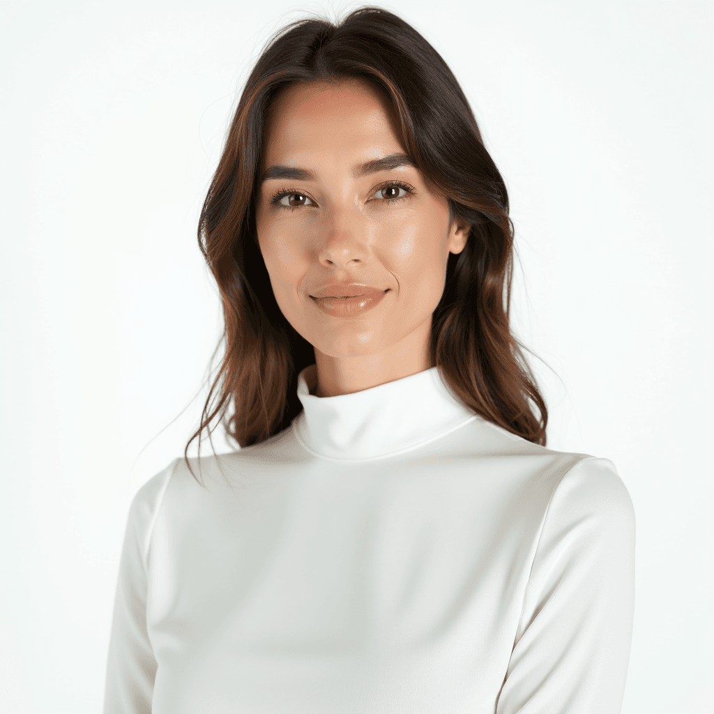 Female professional AI headshot wearing white modern mock-neck top