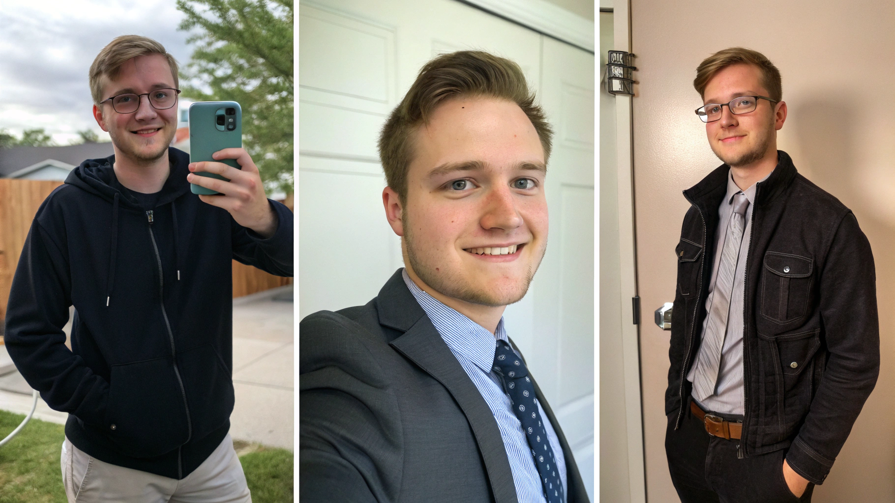 Three portraits of the same person from a casual selfie to a professional AI headshot