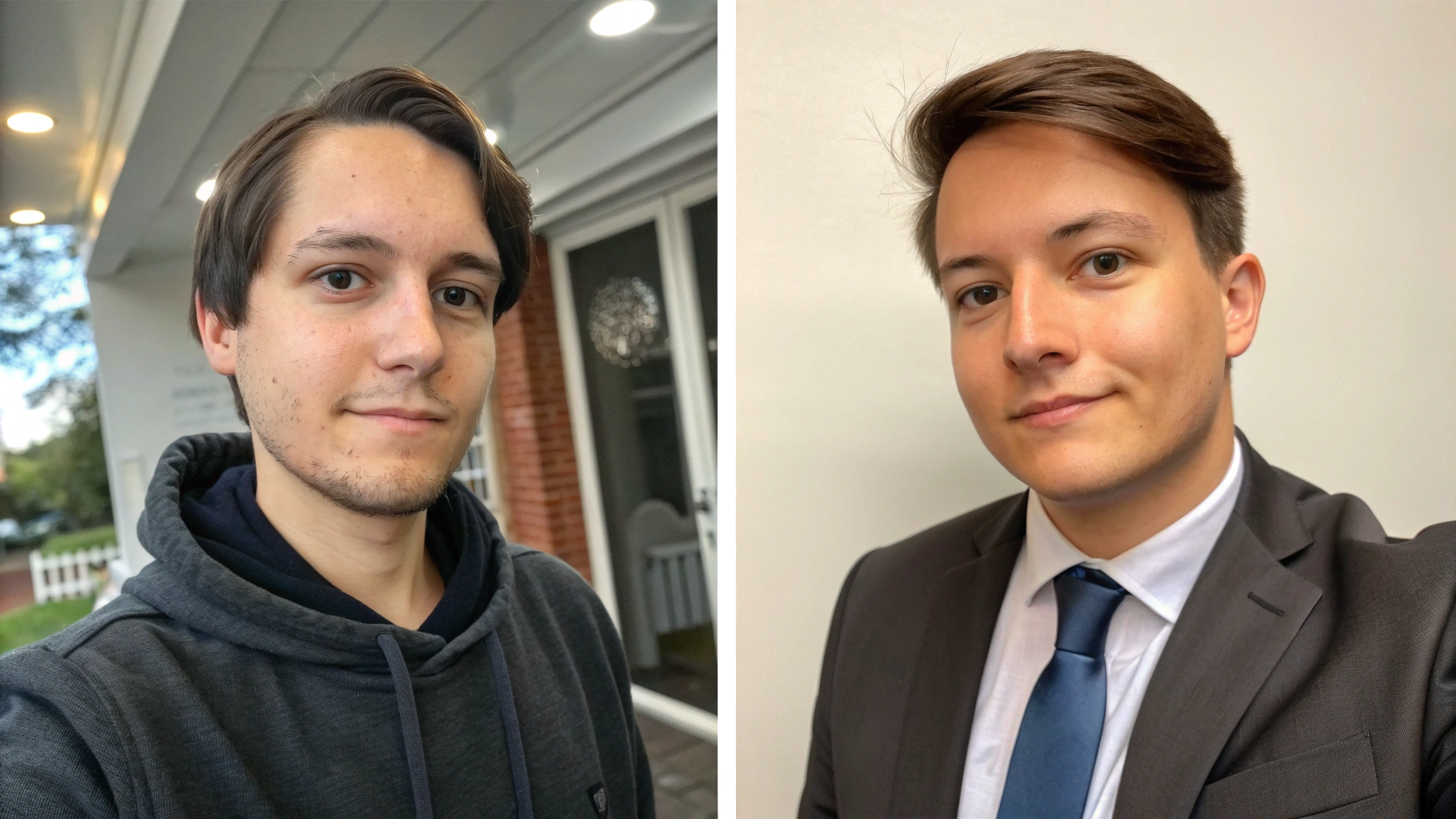 Side-by-side images showing a casual selfie transforming into a professional AI headshot